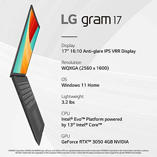 LG gram 17” Lightweight Laptop, Intel 13th Gen Core i7 Evo Platform, Windows 11 Home, NVIDIA RTX3050 4GB GPU, 32GB RAM, 2TB SSD, Black