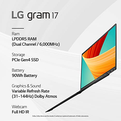 LG gram 17” Lightweight Laptop, Intel 13th Gen Core i7 Evo Platform, Windows 11 Home, NVIDIA RTX3050 4GB GPU, 32GB RAM, 2TB SSD, Black