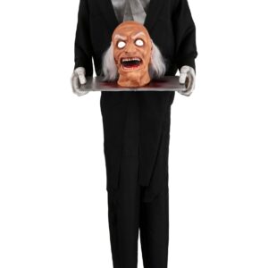 Fun Costumes 5ft Black Head on a Platter Butler Animated Outdoor Decoration, Zombie Maid Light-Up Eyes Adjustable Volume Decor Standard