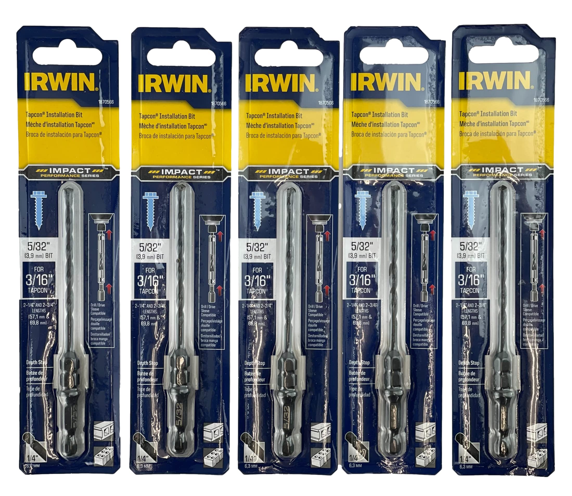 Irwin Tools 5/32" X 5" Drill Bit for 3/16" Concrete Screw Installation, 1/4 Inch Impact Gun Ready (5 Pack)