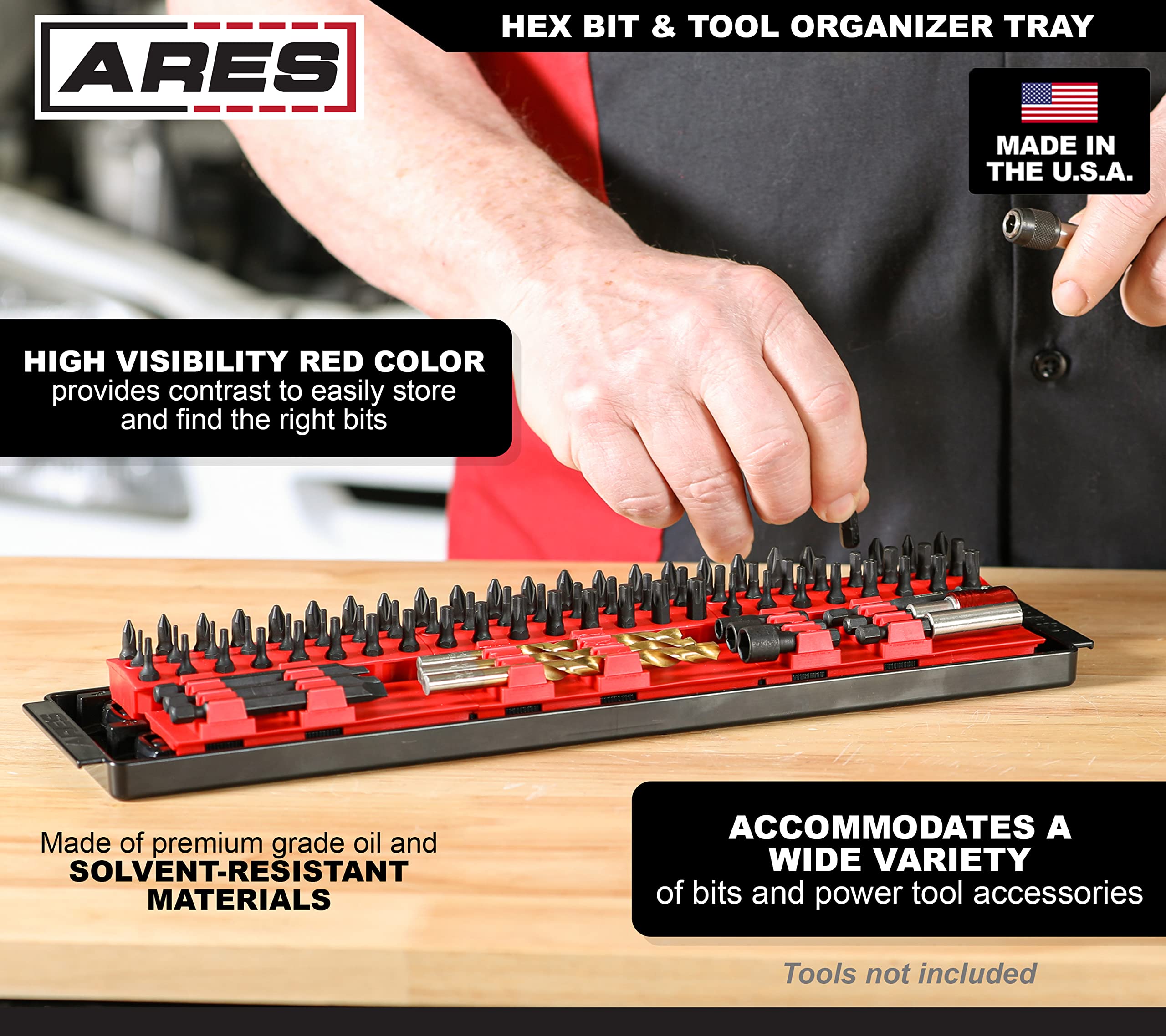 ARES 62052 – Hex Bit and Tool Organizer Tray – Large Capacity Organizer Holds Hex Bits, Drill Bits, Extensions, Adapters, and More – Oil and Solvent Resistant Material - Made in USA