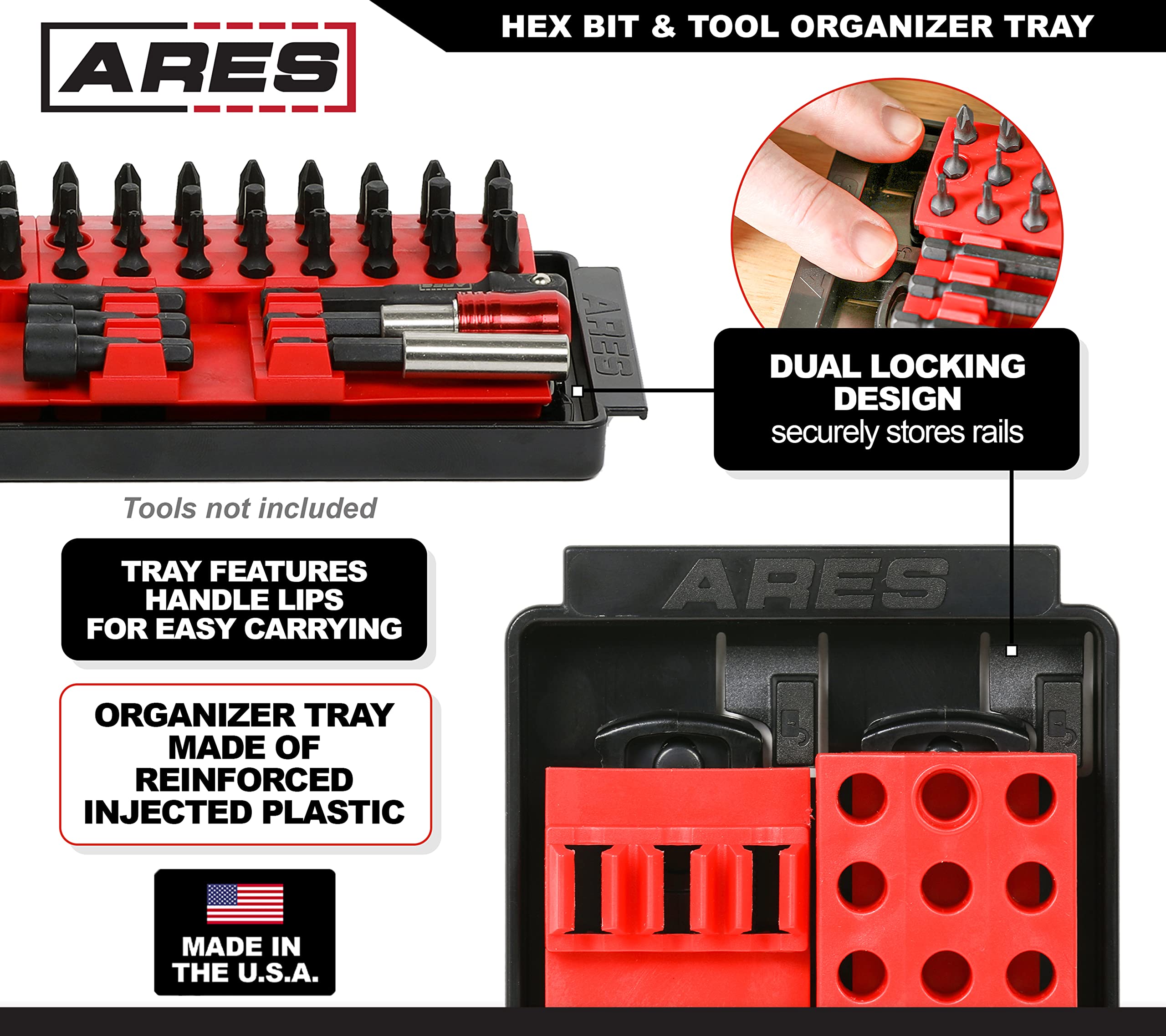 ARES 62052 – Hex Bit and Tool Organizer Tray – Large Capacity Organizer Holds Hex Bits, Drill Bits, Extensions, Adapters, and More – Oil and Solvent Resistant Material - Made in USA