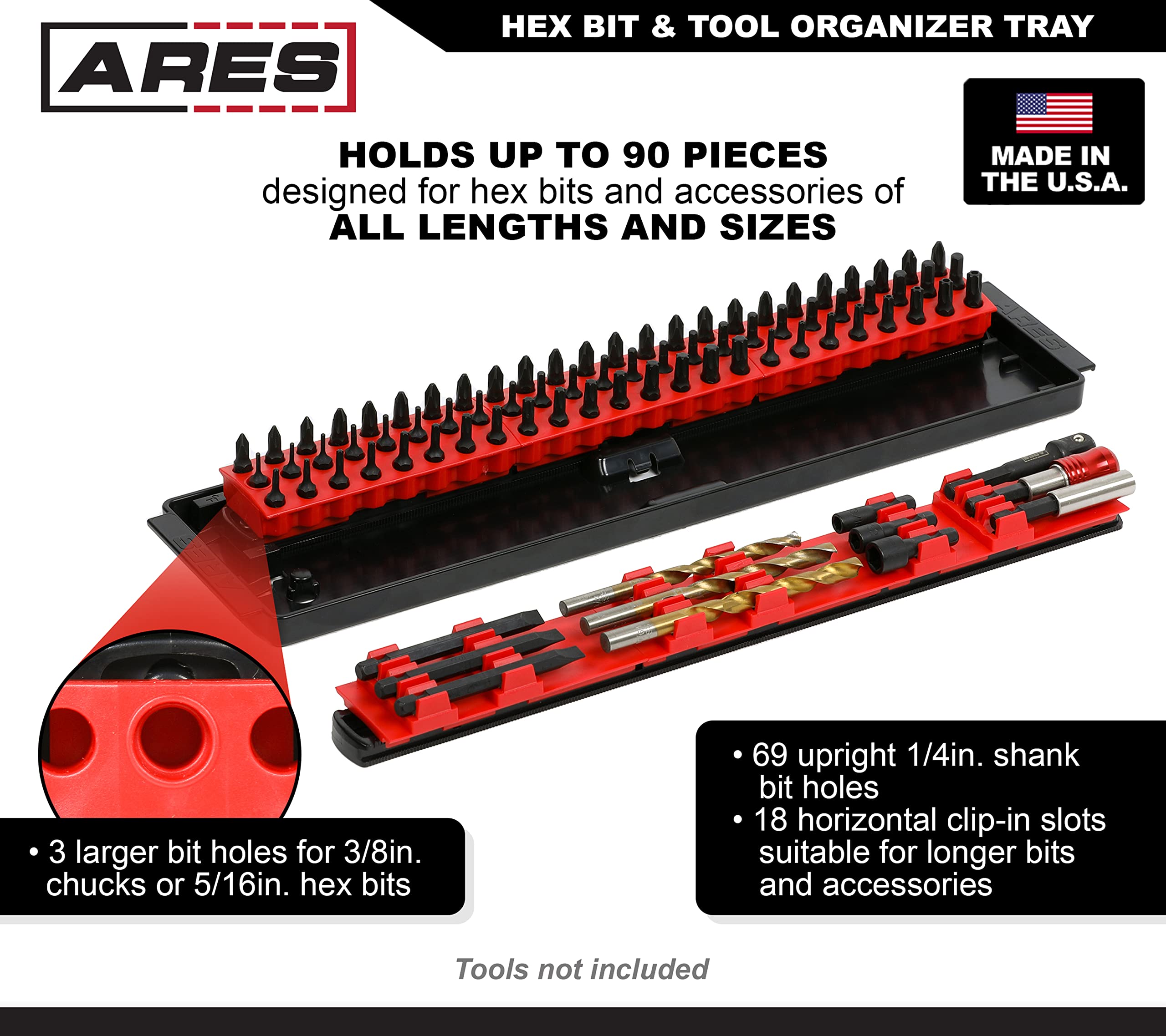 ARES 62052 – Hex Bit and Tool Organizer Tray – Large Capacity Organizer Holds Hex Bits, Drill Bits, Extensions, Adapters, and More – Oil and Solvent Resistant Material - Made in USA