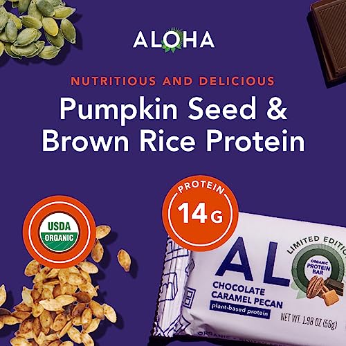 ALOHA Organic Plant Based Protein Bars | Chocolate Caramel Pecan | 12 Count, 1.98oz Bars | Vegan, Low Sugar, Gluten Free, Paleo Friendly, Low Carb, Non-GMO, Stevia Free, Soy Free, No Sugar Alcohol Sweeteners