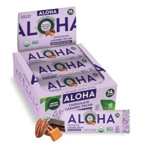 aloha organic plant based protein bars | chocolate caramel pecan | 12 count, 1.98oz bars | vegan, low sugar, gluten free, paleo friendly, low carb, non-gmo, stevia free, soy free, no sugar alcohol sweeteners