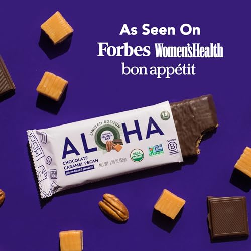 ALOHA Organic Plant Based Protein Bars | Chocolate Caramel Pecan | 12 Count, 1.98oz Bars | Vegan, Low Sugar, Gluten Free, Paleo Friendly, Low Carb, Non-GMO, Stevia Free, Soy Free, No Sugar Alcohol Sweeteners