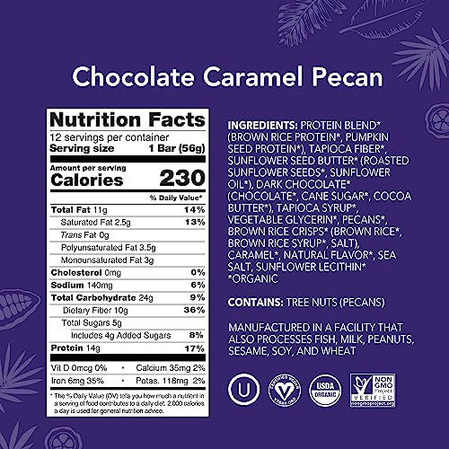 ALOHA Organic Plant Based Protein Bars | Chocolate Caramel Pecan | 12 Count, 1.98oz Bars | Vegan, Low Sugar, Gluten Free, Paleo Friendly, Low Carb, Non-GMO, Stevia Free, Soy Free, No Sugar Alcohol Sweeteners