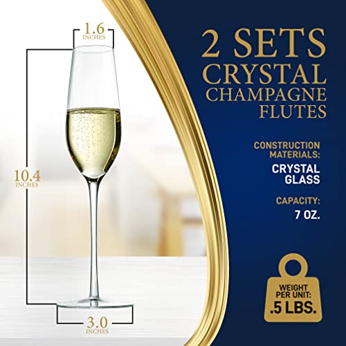 NutriChef 7oz Crystal Champagne Flutes - Set of 2 Elegant Tall Long Stem Clear Stemmed Glass Drinkware w/Narrow Rims, Seamless Bowl, Lead-Free, Dishwasher Safe Sparkling Wine Stemware