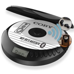 coby bluetooth portable cd player w/headphones, fm, aux, mp3 anti-skip compact discman | rechargeable & lightweight cd player 6-hr play for car, home
