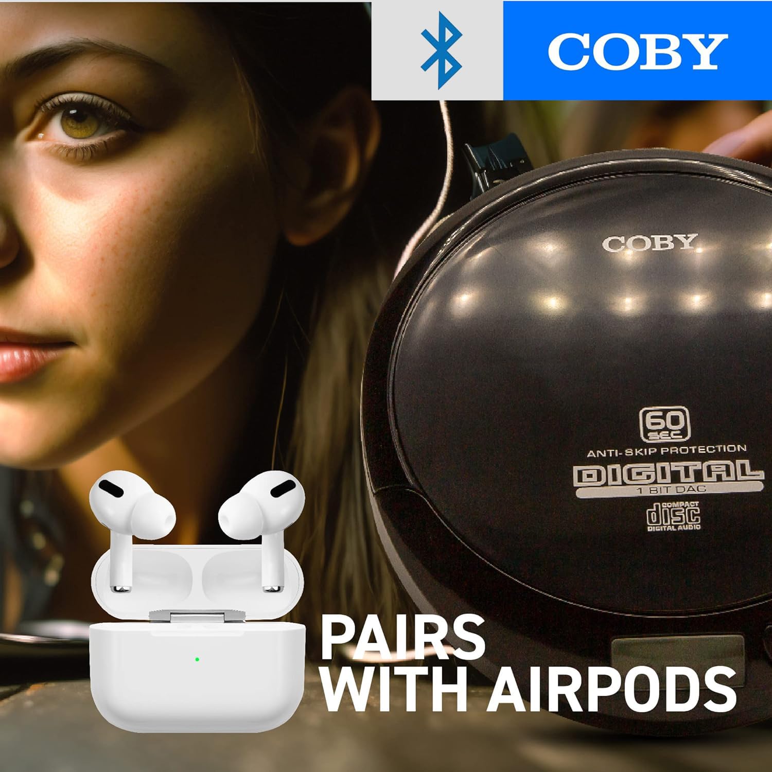 Coby Bluetooth Portable CD Player w/Headphones, FM, AUX, MP3 Anti-Skip Compact Discman | Rechargeable & Lightweight CD Player 6-HR Play for Car, Home