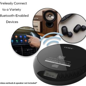 Coby Bluetooth Portable CD Player w/Headphones, FM, AUX, MP3 Anti-Skip Compact Discman | Rechargeable & Lightweight CD Player 6-HR Play for Car, Home