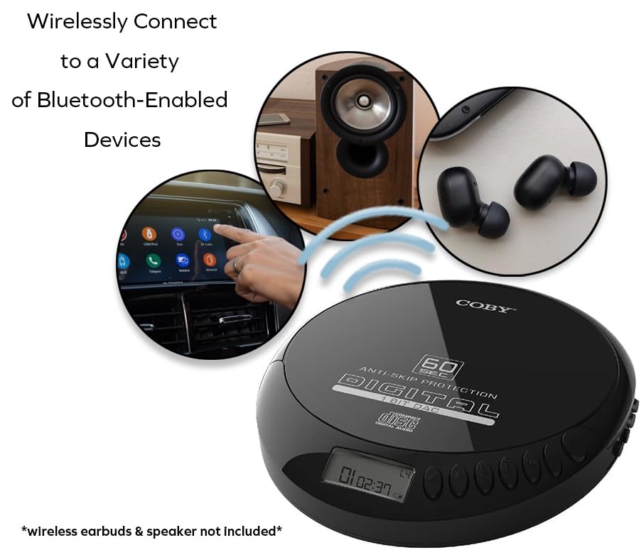 Coby Bluetooth Portable CD Player w/Headphones, FM, AUX, MP3 Anti-Skip Compact Discman | Rechargeable & Lightweight CD Player 6-HR Play for Car, Home