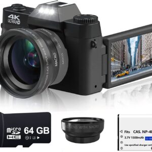 Acuvar 4K 48MP Digital Camera for Photography, Vlogging Camera for YouTube with 3.0’’ 180° Flip Screen, WiFi, 16X Digital Zoom, Wide Angle & Macro Lens, Rechargeable Battery, 64GB Micro SD Card Black