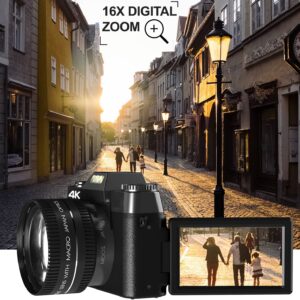 Acuvar 4K 48MP Digital Camera for Photography, Vlogging Camera for YouTube with 3.0’’ 180° Flip Screen, WiFi, 16X Digital Zoom, Wide Angle & Macro Lens, Rechargeable Battery, 64GB Micro SD Card Black