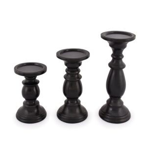 samhita set of 3 farmhouse mango wood candle holders, in black finish for table centerpiece candle for any room decor