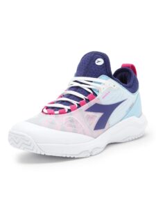 diadora women's speed blushield fly 4+ all ground tennis shoe (white/blueprint/pink yarrow, 7.0)