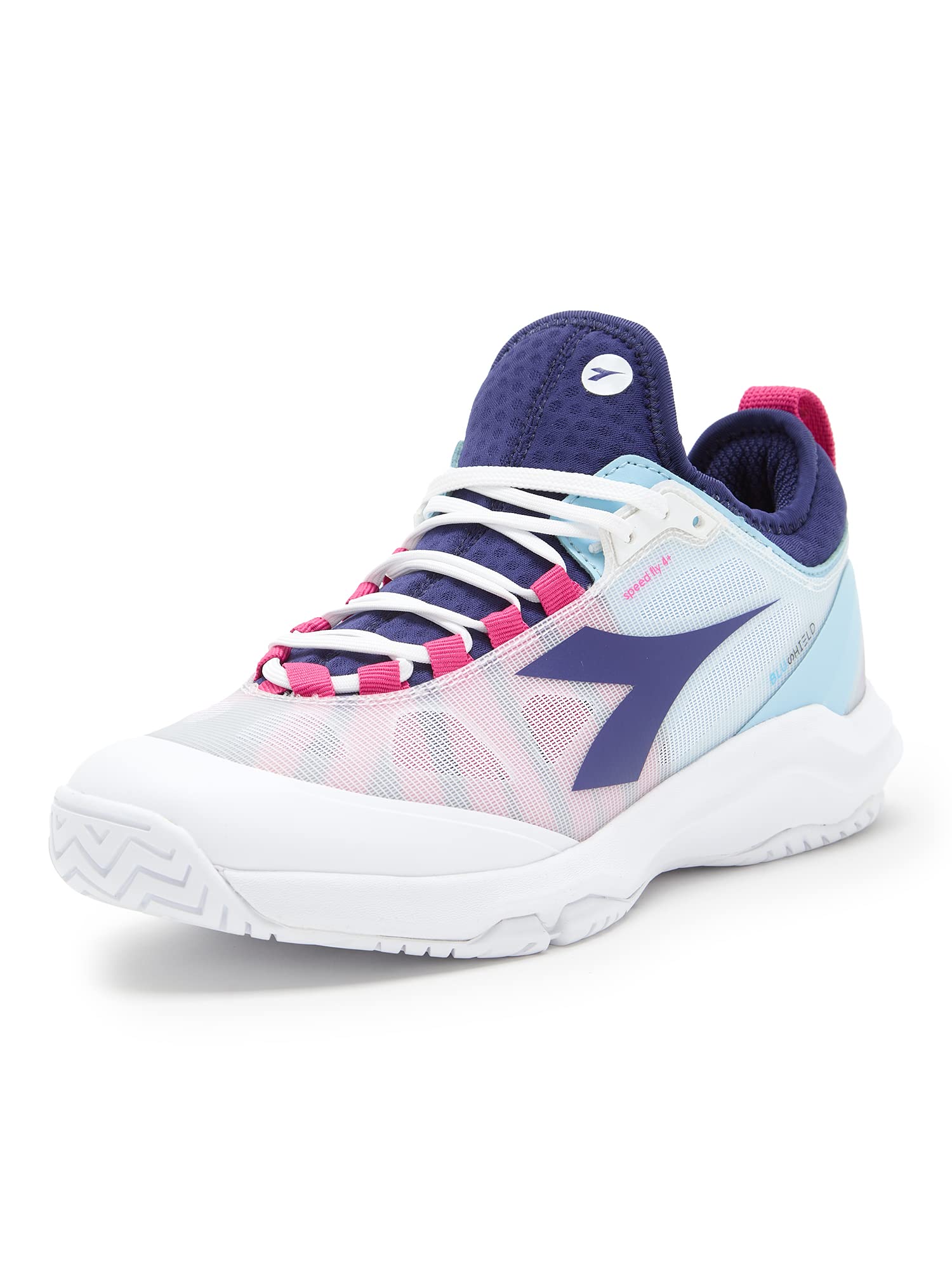 Diadora Women's Speed Blushield Fly 4+ All Ground Tennis Shoe (White/Blueprint/Pink Yarrow, 7.0)