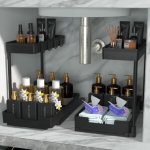 DEKAVA Under Sink Organizer L-Shaped, 2 Tier Bathroom Organizer, Narrow Space Under Sink Organizers and Storage for Kitchen Bathroom (Black, 2 Pack)