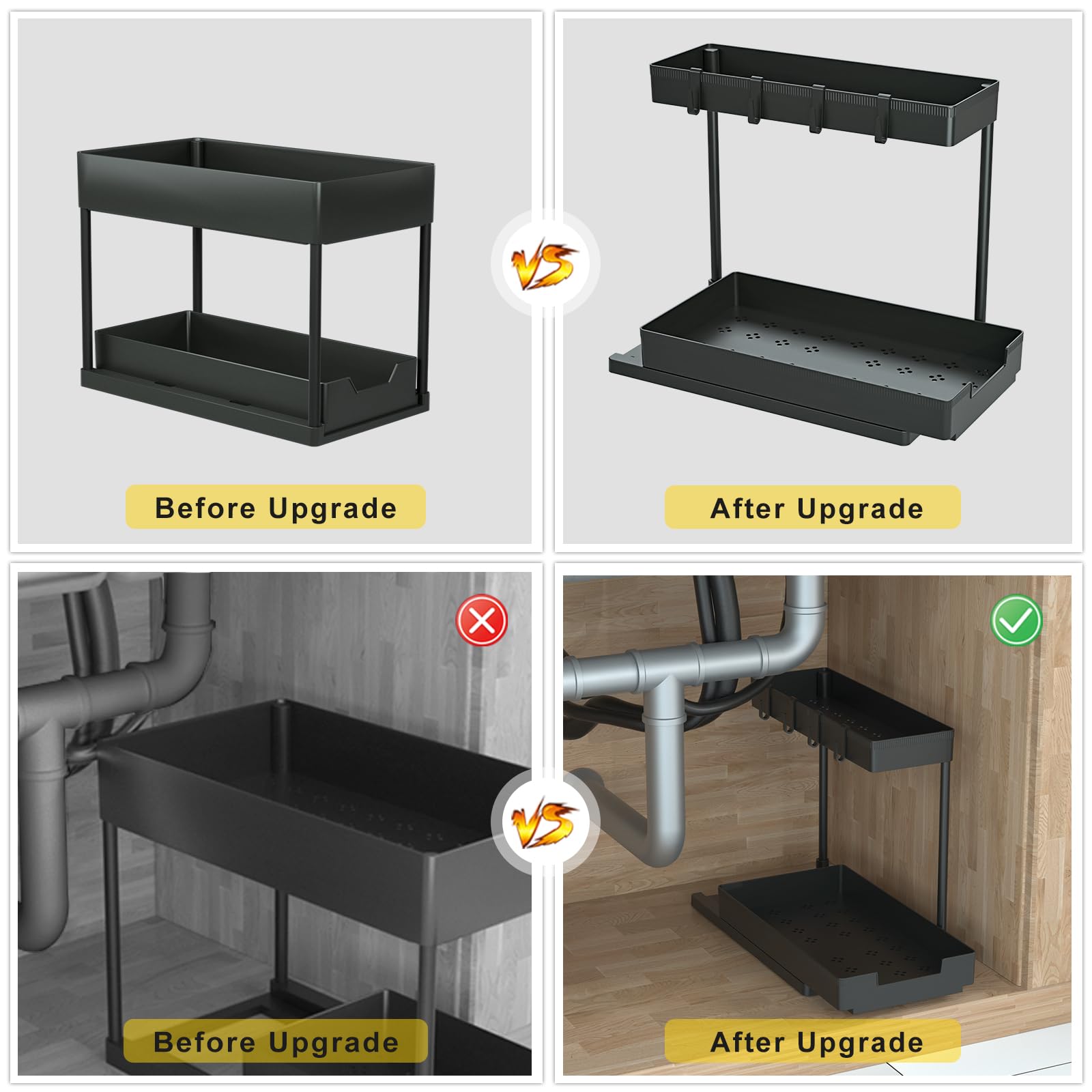 DEKAVA Under Sink Organizer L-Shaped, 2 Tier Bathroom Organizer, Narrow Space Under Sink Organizers and Storage for Kitchen Bathroom (Black, 2 Pack)