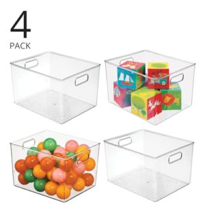 mDesign Large Modern Stackable Plastic Storage Organizer Bin Basket with Handle for Playroom and Toy Organization, Shelf, Cubby, Cabinet, and Closet Organizing Decor, Ligne Collection - 4 Pack - Clear
