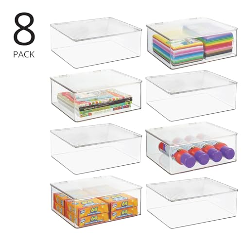 mDesign Plastic Craft Room Stackable Storage Organizer Box Containers with Hinged Lid for Thread, Beads, Ribbon, Glitter, Clay, Sewing, Crochet, Stamps, Scissors, Ligne Collection - 8 Pack - Clear