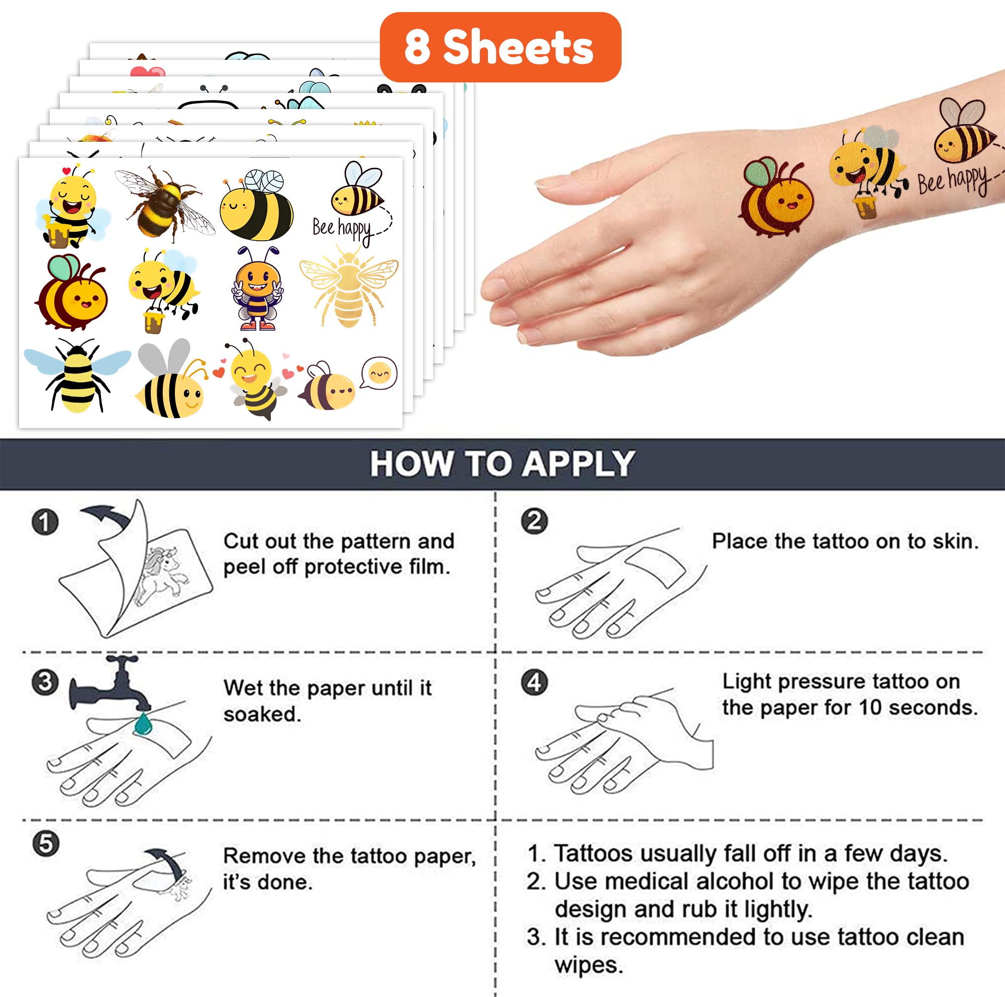 Bee Temporary Tattoos for Kids, Birthday Party Decorations Supplies Party Favors Supper Cute 96PCS Bee Tattoo Sticker Style Gift Ideals for Boys Girls Schools Prizes Themed