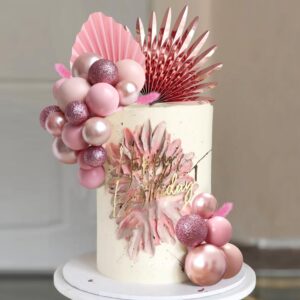38 pcs balls cake toppers palm leaves cake decorations for birthday wedding baby shower party supplies mother's day (rose gold)