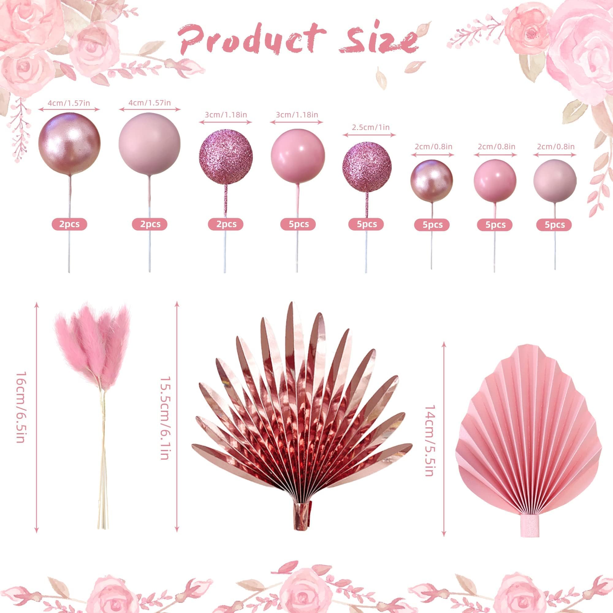 38 PCS Balls Cake Toppers Palm Leaves Cake Decorations for Birthday Wedding Baby Shower Party Supplies Mother's Day (Rose Gold)