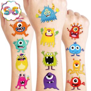 monster temporary tattoos for kids, 96pcs birthday party decorations supplies party favors supper cute little monster tattoo sticker style gift ideals for boys girls schools prizes themed