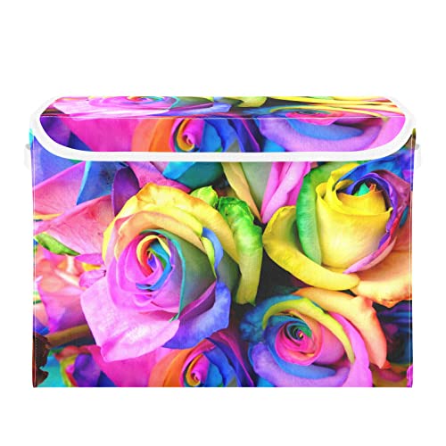 Kigai Storage Basket Rainbow Roses Storage Boxes with Lids and Handle, Large Storage Cube Bin Collapsible for Shelves Closet Bedroom Living Room, 16.5x12.6x11.8 In