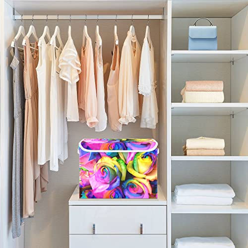 Kigai Storage Basket Rainbow Roses Storage Boxes with Lids and Handle, Large Storage Cube Bin Collapsible for Shelves Closet Bedroom Living Room, 16.5x12.6x11.8 In