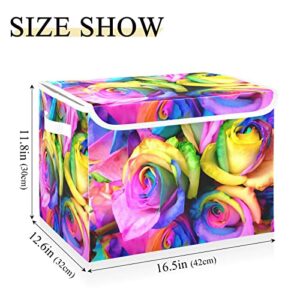 Kigai Storage Basket Rainbow Roses Storage Boxes with Lids and Handle, Large Storage Cube Bin Collapsible for Shelves Closet Bedroom Living Room, 16.5x12.6x11.8 In