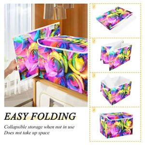 Kigai Storage Basket Rainbow Roses Storage Boxes with Lids and Handle, Large Storage Cube Bin Collapsible for Shelves Closet Bedroom Living Room, 16.5x12.6x11.8 In