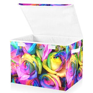 Kigai Storage Basket Rainbow Roses Storage Boxes with Lids and Handle, Large Storage Cube Bin Collapsible for Shelves Closet Bedroom Living Room, 16.5x12.6x11.8 In