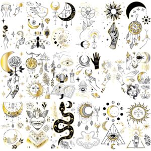 glaryyears metallic gold temporary tattoo for women adults, 18-pack long-lasting tiny size realistic tattoos, variety pack cute floral fake tattoos, makeup for face body hand arm neck party