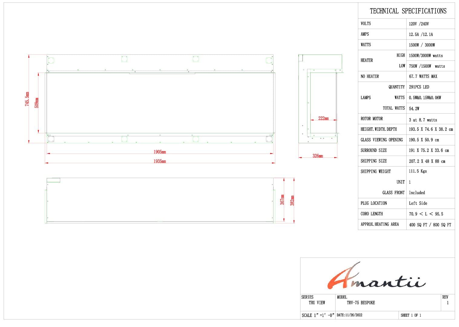 Amantii TRV-75-BESPOKE Tru View Bespoke - 75" Indoor/Outdoor 3 Sided Electric Fireplace, WiFi, Bluetooth, Speaker, and a Selection of Media Options