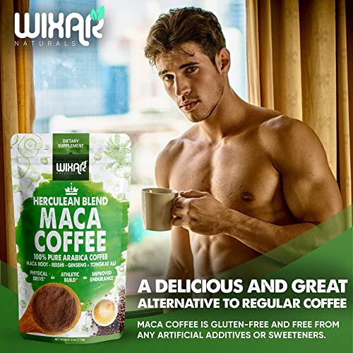 Wixar Instant Maca Coffee for Men and Women – Maca Coffee Powder - Instant Coffee Blend with Maca Root, Reishi Mushroom, Ginseng, Tongkat Ali - Dark Roast, Size 4oz Maca Supplement