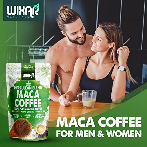 Wixar Instant Maca Coffee for Men and Women – Maca Coffee Powder - Instant Coffee Blend with Maca Root, Reishi Mushroom, Ginseng, Tongkat Ali - Dark Roast, Size 4oz Maca Supplement