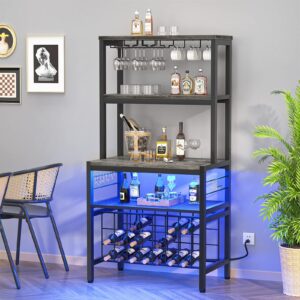unikito wine bar cabinet with rgb led light and outlet, freestanding wine rack table, floor liquor cabinet with glass holder, floor bar cabinet with wine rack for home kitchen dining room, black oak