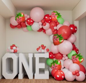 oopat diy strawberry balloon garland arch kit for girl baby shower sweet one strawberry first birthday theme party backdrop decor (pink)