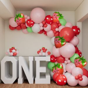 Oopat DIY Strawberry Balloon Garland Arch Kit for Girl Baby Shower Sweet One Strawberry First Birthday Theme Party Backdrop Decor (Pink)