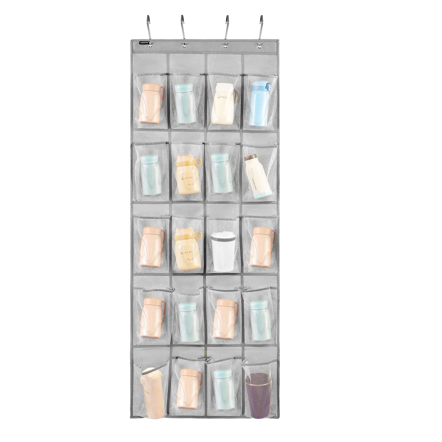 ANZORG Over Door Hanging Water Bottle Holder Cup Organizer for Kitchen Pantry Glass Bottle Storage Rack with 20 Pockets (MESH POCKETS)