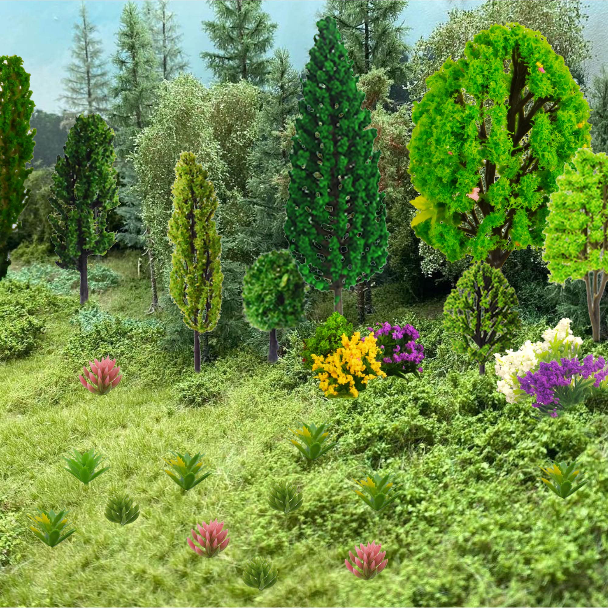 50 Pieces Model Trees 1.1-5.5inch Mixed Diorama Model Tree Flower Grass Architecture Mini Fake Trees Plants for DIY Crafts, Building Model, Railway Scenery Landscape Supplies