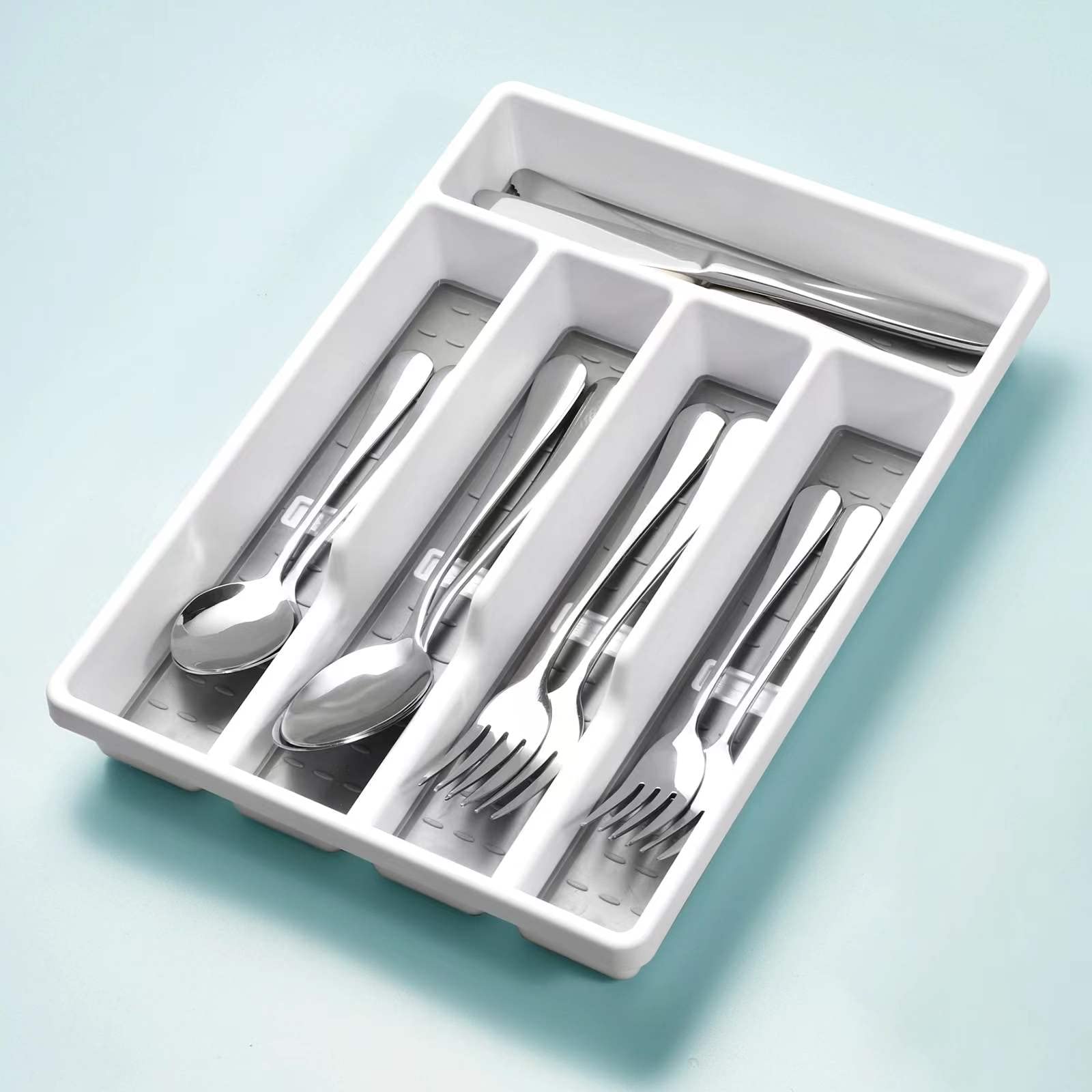 Joequality Silverware Organizer with Icons，Plastic Cutlery silverware Tray for Drawer，Utensil Flatware Tableware Organizer for Kitchen with Non-slip TPR,Fits Standard Drawer,5-Compartment，Grey