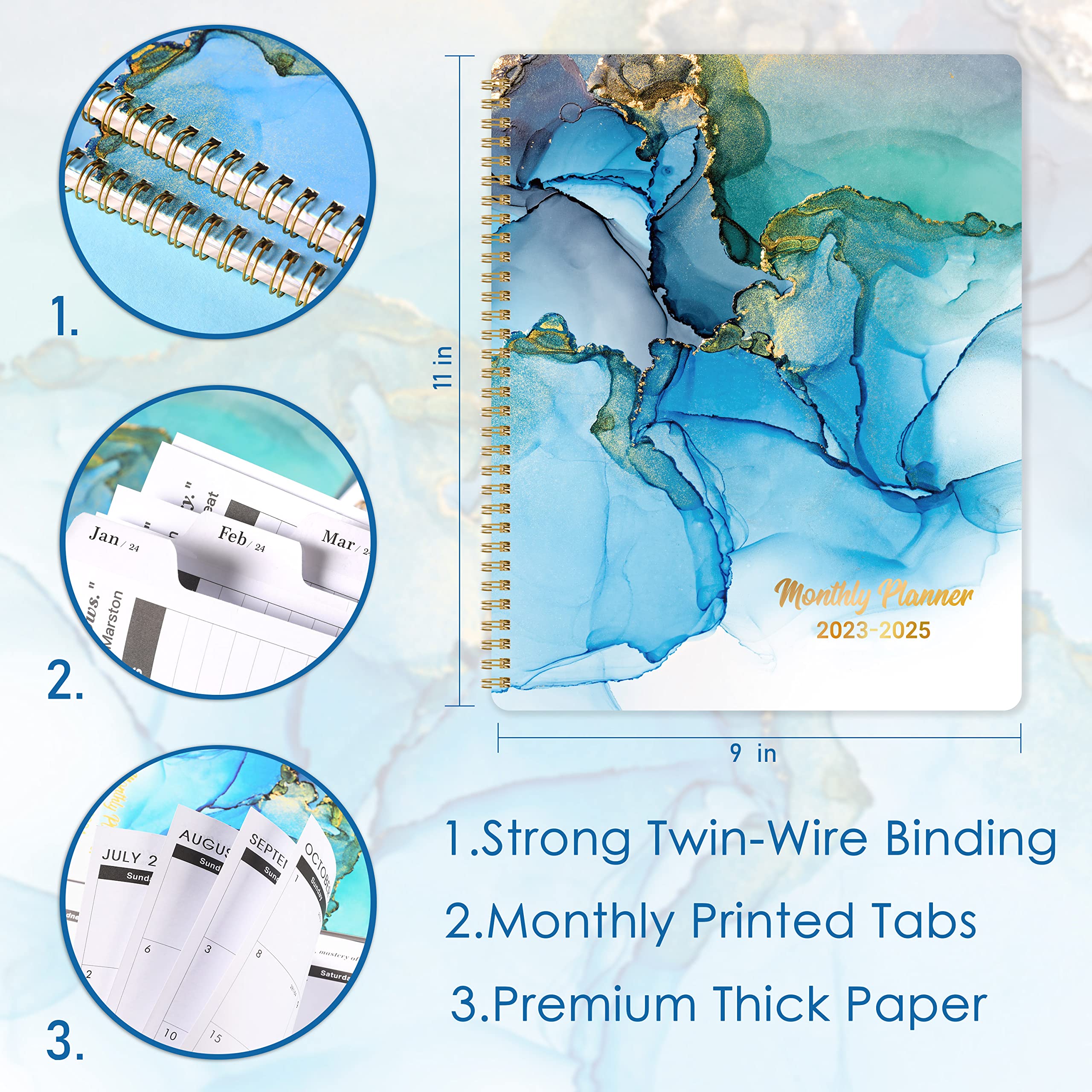 Monthly Planner/Calendar 2023-2025,2023-2025 Monthly Planner, Jul. 2023,Jun. 2025, 9x11, 24-Month Planner with Pocket & amp + Label + Thick Paper + Monthly Tabs + Twin-Wire Binding,Teal Waterink