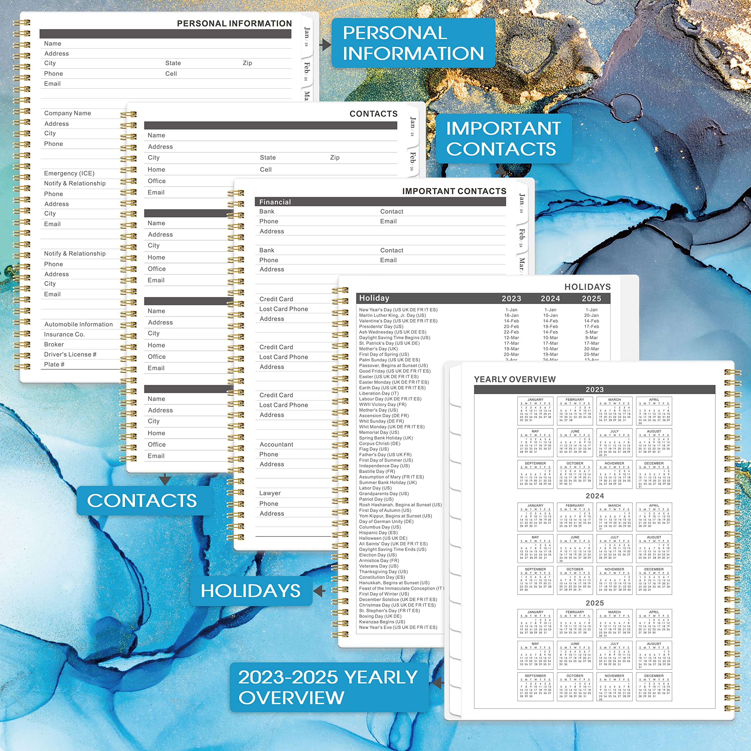 Monthly Planner/Calendar 2023-2025,2023-2025 Monthly Planner, Jul. 2023,Jun. 2025, 9x11, 24-Month Planner with Pocket & amp + Label + Thick Paper + Monthly Tabs + Twin-Wire Binding,Teal Waterink