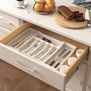 Lifewit Silverware Drawer Organizer, Expandable Utensil Tray for Kitchen, BPA Free Flatware and Cutlery Holder, Adjustable Plastic Storage for Spoons Forks Knives, Large, White