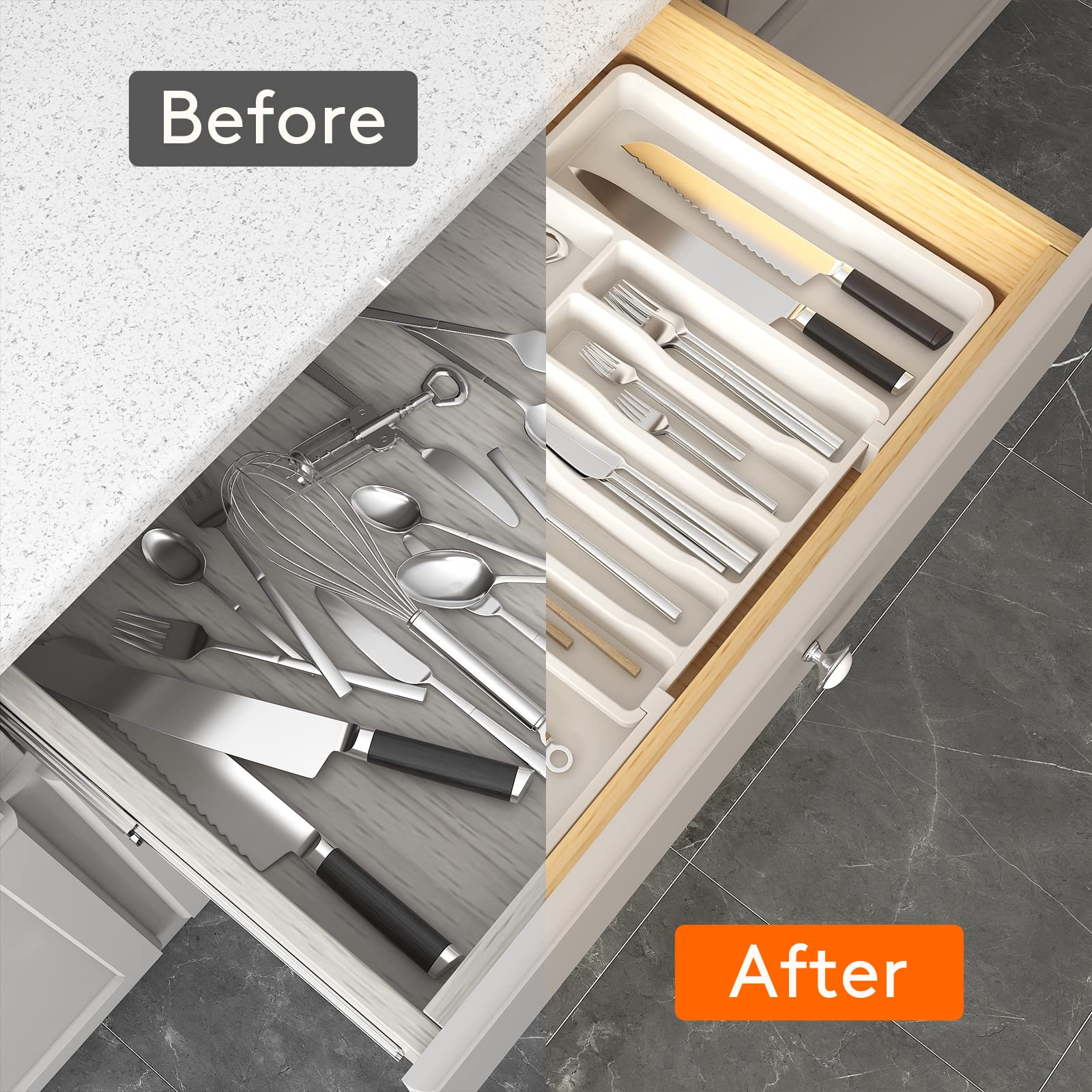 Lifewit Silverware Drawer Organizer, Expandable Utensil Tray for Kitchen, BPA Free Flatware and Cutlery Holder, Adjustable Plastic Storage for Spoons Forks Knives, Large, White