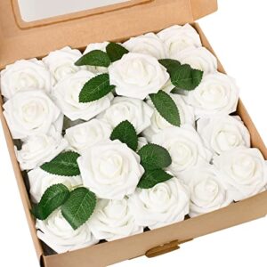 happyhapi 50pcs artificial flowers roses bulk white foam fake roses with stems for wedding, bridal shower decorations fake flowers centerpieces tables decorations