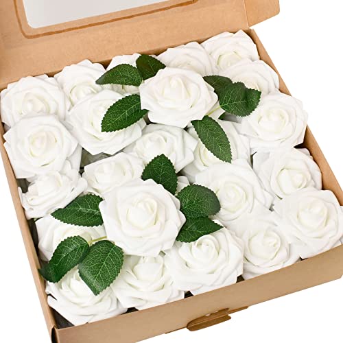 HappyHapi 50Pcs Artificial Flowers Roses Bulk White Foam Fake Roses with Stems for Wedding, Bridal Shower Decorations Fake Flowers Centerpieces Tables Decorations